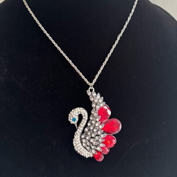 Jewelry - Silver Swan Pendant Necklace with Red Crystal Accents